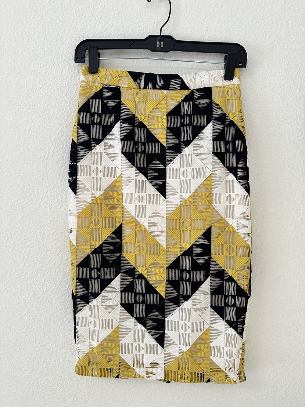 A.L.C. Henri Geometric Ladder-Stitched Silk Blend Pencil Skirt Yellow Black 2